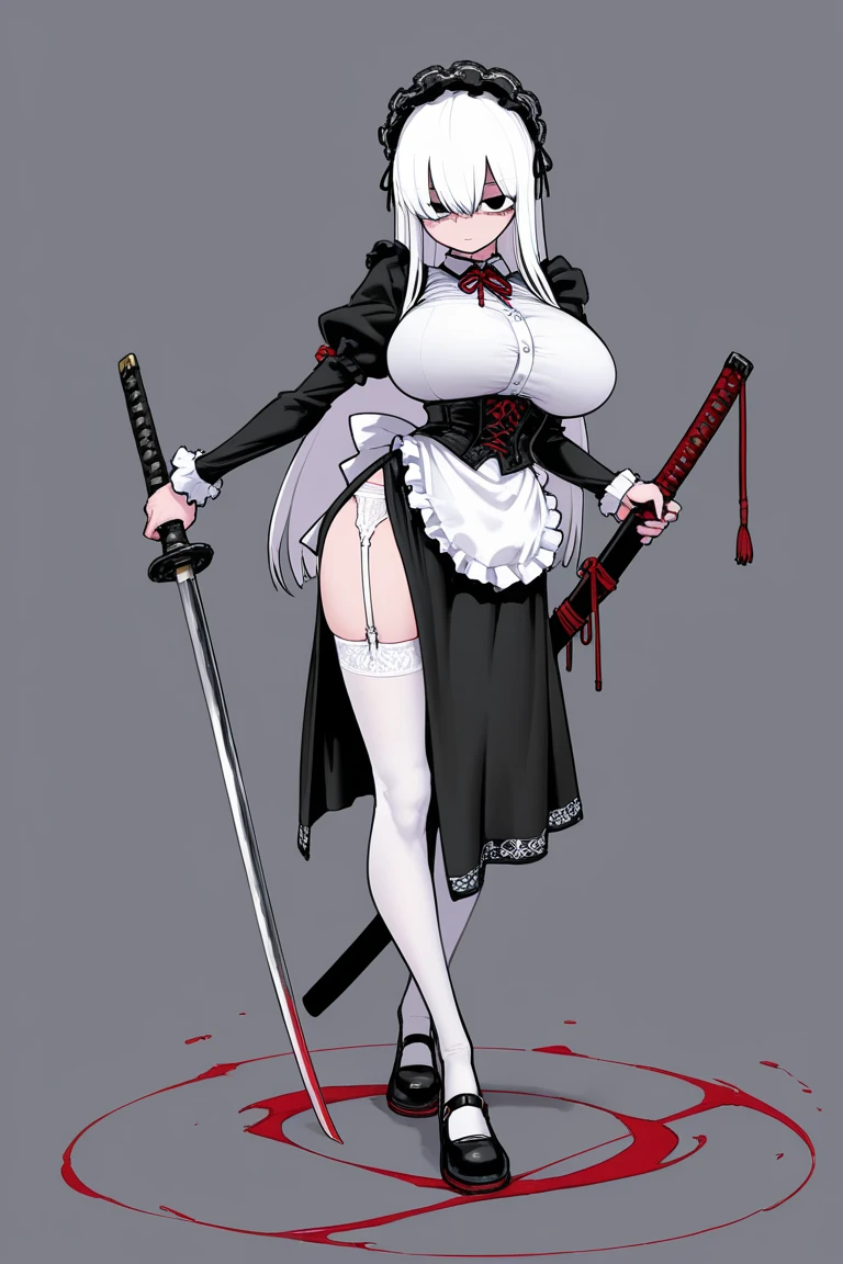 ((blood droplets)), ((blood)), ((blood splatter)), ((blood on clothes)), ((blood stain)), Masterpiece, Beautiful art, professional artist, 8k, detailed body, Very detailed face, very detailed eyes, Detailed clothing, detailed fabric, Best Quality, better resolution, 1 girl, bronya zaychik \(Honkai Impact 3rd\), front view, standing, big breasts, serious expression, At night , short silver hair, , choker:1.6, (white collar button down long sleeve shirt), (shiny black corset), black gloves that cover your hands, (holds an ax with his right hand), (shiny black leggings), evening de invierno, Dark road, dark forest, evening, Atmosphere, fog