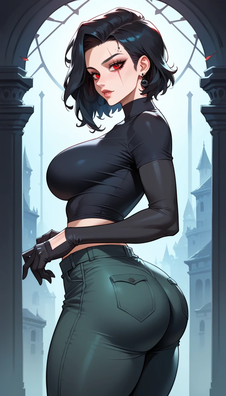 1girls alternate ass size alternate breast size alternate costume black hair breasts bigger than head clothed clothed female female female only female solo from above gigantic breasts hips hourglass figure huge breasts necklace slim waist solo solo female top heavy top heavy breasts upper body vampire vampire girl wide hips