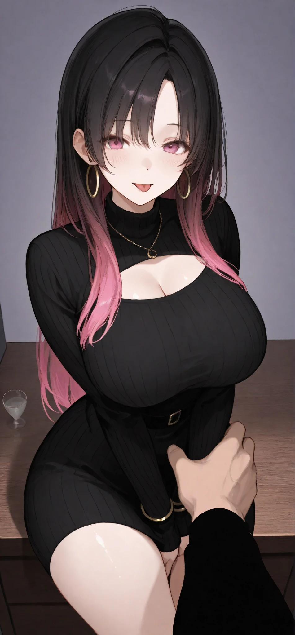 (masterpiece, best quality:1.2), 1girl, upper body,medium breasts,mature_lady,black long hair, sweater,in street,open_mouth,????????_gesture,FellatioGesture
