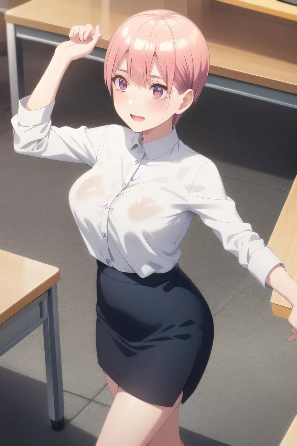 please draw a more delicate facial expression,A woman with a lovely smile,Woman with pink short hair,can you draw an office lady's uniform,white blouse,Navy Blue Mini Skirt,high heels,Can you draw a more delicate expression, adult sexy women ,only,,Full color CG,,In my office,,accurate hand and foot expressions,my nipples are sharp、、in full color CG I definitely need a face,dark blue pleated skirt,I have Can you draw a more delicate expression描いてください,Walking Alone, , ,(I definitely need that face。I have Can you draw a more delicate expression,(even one person is enough for that job , can you draw an attractive 30-year-old woman, , Big breasts, thin waist , , ,巨大な胸を持つBig breastsを描いていただけますか,have sharp nipples when wet,
