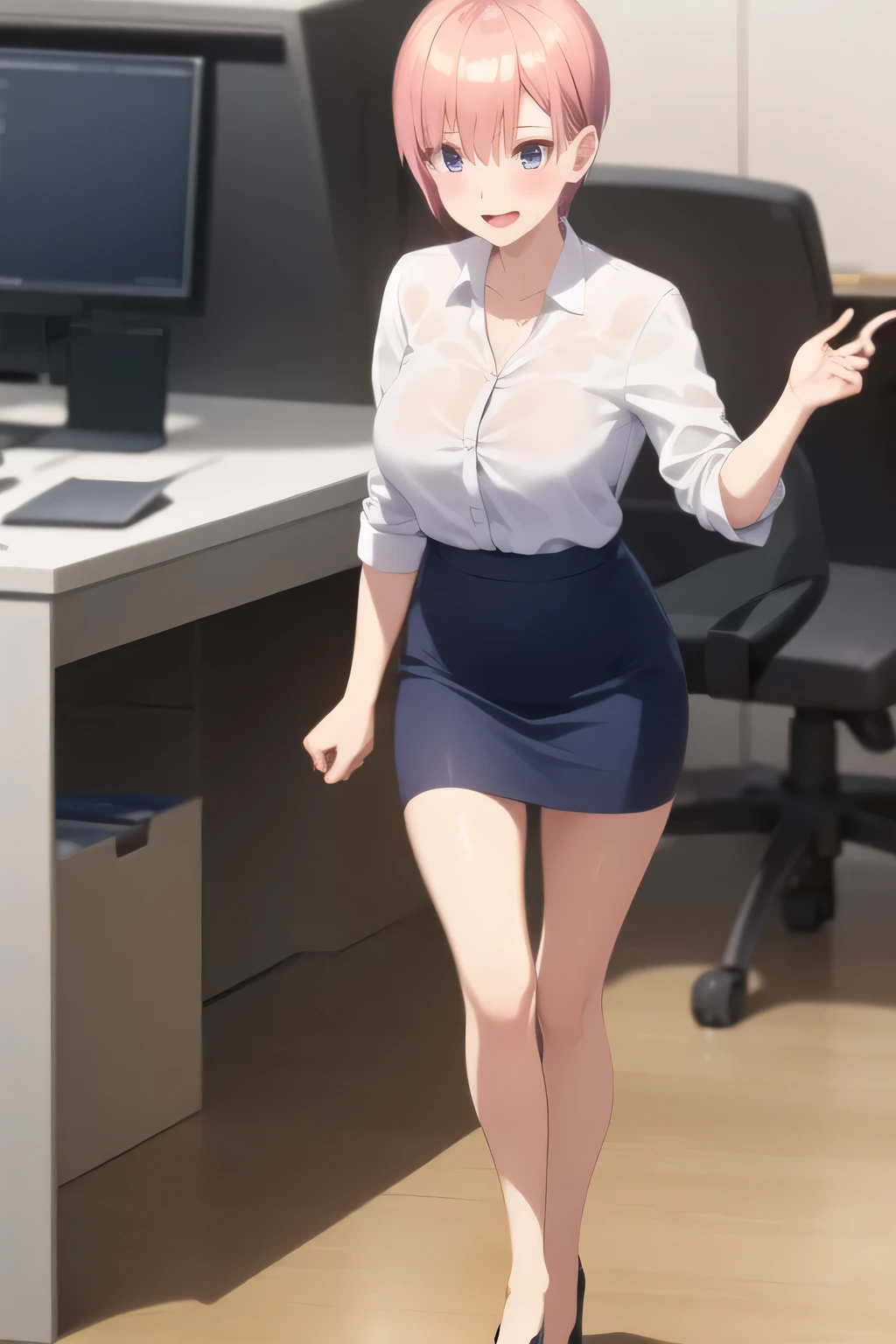 please draw a more delicate facial expression,A woman with a lovely smile,Woman with pink short hair,can you draw an office lady's uniform,white blouse,Navy Blue Mini Skirt,high heels,Can you draw a more delicate expression, adult sexy women ,only,,Full color CG,,In my office,,accurate hand and foot expressions,my nipples are sharp、、in full color CG I definitely need a face,dark blue pleated skirt,I have Can you draw a more delicate expression描いてください,Walking Alone, , ,(I definitely need that face。I have Can you draw a more delicate expression,(even one person is enough for that job , can you draw an attractive 30-year-old woman, , Big breasts, thin waist , , ,巨大な胸を持つBig breastsを描いていただけますか,have sharp nipples when wet,