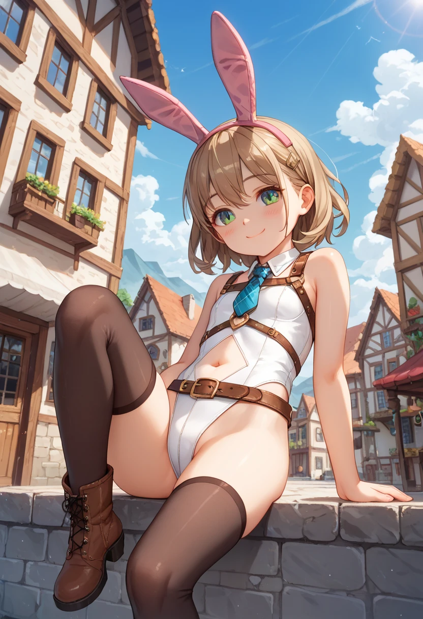 GRANBLUEfantasy,1young_teen_ girl,brown_hair,medium_bob_hair,platina_blond_hair,white_leotard,covered_crotch,thigh-highs,smile,standing,bluesky_landscape_background,slightly_spread_legs,happiness, short_gloves ,solo, r18, navel,relicbuster,short,boots,open_mouth,sitting,knees,blush,shy,bunny_ears