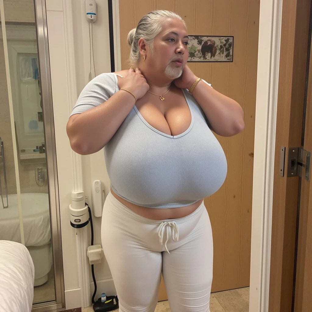 Elderly grandma、Gray Hair、160cm super breasts、valley、huge breasts, Super Debu,fat,obesity、wearing almost transparent leggings and a sleeveless gray skin-tight blouse、Legs spread、Big Butt、sexual behavior、濃いArmpit hair、Three-section abdomen、Armpit hair,squatting with legs apart