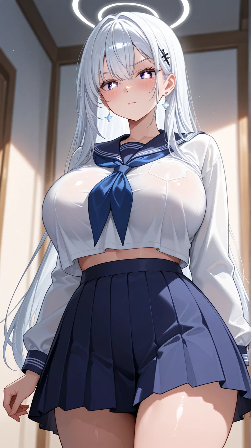 beautiful detailed girl, 1girl, detailed white hair, detailed blue eyes, detailed small perky breasts, detailed tight firm butt, short white pleated skirt, blue panties, button up shirt, sailor cap, extremely detailed, realistic, photorealistic, ultra-detailed, 8k, masterpiece, dramatic lighting, vibrant colors, cinematic, fantasy, ethereal