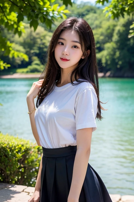 A woman who has been  and tied up、Hands are tied with ropes、sitting in the grass、blue sky、Facing forward、White panties are visible、２１talent、Beauty、Well-formed face、Make your eyes even、Beautiful black hair、Has bangedium build、Well-balanced proportions、Beautiful legs、Dark short-sleeved shirt、Long skirt、Like real life、highest quality、
