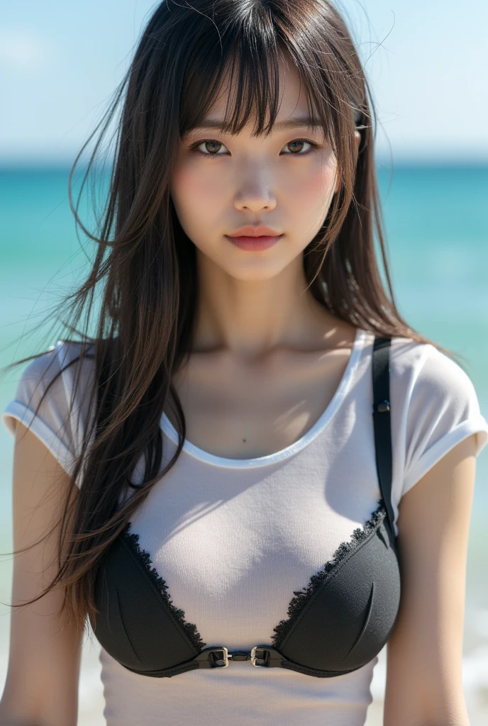 masterpiece、highest quality、cinema、(cute japanese woman、bangs:1.3)、23 years old、1 girl、elegant、black hair、(evening:1.1)、Ocean
