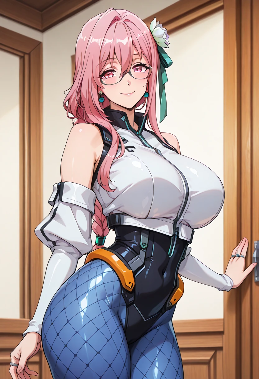 ((master masterpiece、The Highest Quality))、(1人)、pale pink hair、halo、horn、(OL))、bangs、gigantic tits、(full breasts)、slimness、Sorrisos、【Wide Hips】、s Office、Standing、a be\(blue archive)、Tanuki ears、No need for rings