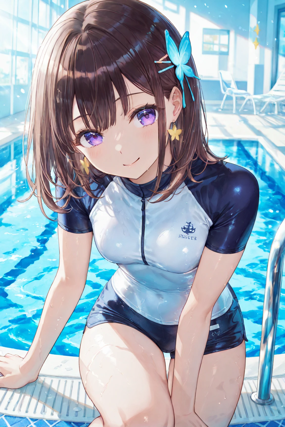 ((Naughty face))、camel toe:1.4、(Sweat)、(vapor)、(((long gloves:1.3)))、brown loafers、black calf length socks、Open your thighs wide to the left and right、squat on the ground、show off your crotch to the viewer, ((latex old school swimwear:1.3、sit, spread your legs:1.3, arm behind head ))、12 years old、absurd、long braid hair、(((平らな胸)))、elevation angle、sexy pose、highest quality、Complex、surreal、perspective, very detailed, detailed background, shape、1 girl、alone、small breasts、light smile, embarrassing, blush, Poolside, (Sweat),