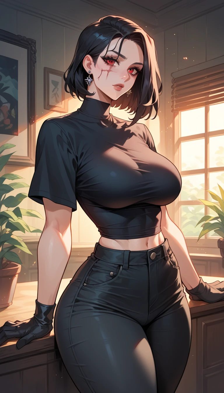 Amazing portrait of a woman who is 30 years old and an adult and a sexy woman with a beautiful face emphasized by amazing makeup and beautifully detailed eyes with perfect lips wearing her short black hair in a bob with a white hairband blushing intensely as she's flustered and lustful wearing some elegant earrings and a black sleeveless sweater accentuating her medium chest paired with a cream skirt that accentuates her thick curvy body making her look hot with vibrant colors and soft lighting during night time with soft lighting showcasing her red lips and her beautiful face in detail and close up