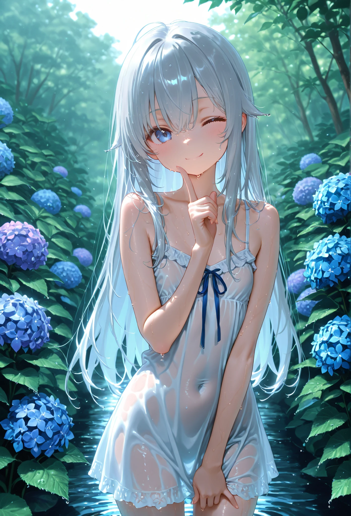 solo, female, sfw:2, medium shot, Slime Girl, gentle, short, slender, hourglass figure, translucent skin, iridescent skin, sparkling liquid, warm, garden, flowers, long hair, white sundress, white sunhat, wet clothes, w-sitting, cheerful smile
