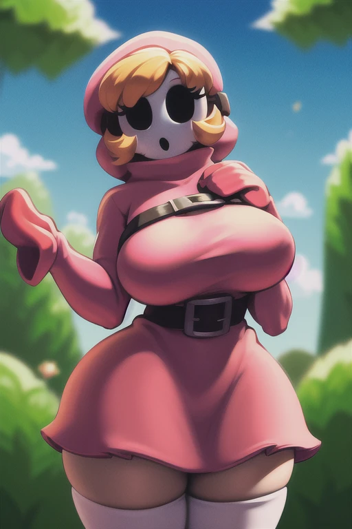 ((shygal)), white mask, (gorgeous forest background), (front view), (realistic), (futanari, (penis)), (looking at viewer), full body, (bored), (from below), pov, (towering over viewer), penis focus, (((narrowed eyes), seductive)), eyelashes, (3d), (faceless), red hair, BREAK black eyes, breasts, nsfw, no nose, solo, [[belt]], standing, ((black hoodie), black skirt, hood, white thighhighs, garter belt) <lora:shygalv2:0.9> <lora:futaveiny6:0.55> <lora:povFacesitting:0.2>, masterpiece, (best quality:1.2), sharp image, detailed image, colorful, vibrant colors, detailed face, perfect lighting, perfect shadows, perfect eyes, perfect face, (detailed background, depth of field), (4k, 2k, shaded, absurd res),