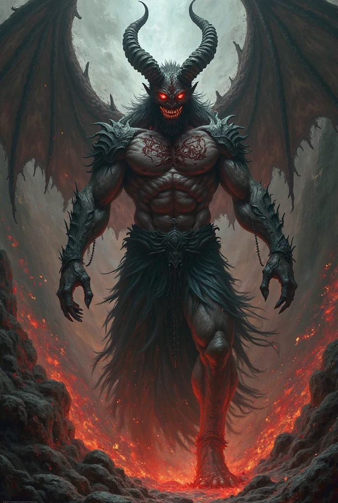 A 3d red and white wolf demon anthro human boy, with ancient words on its back with sharp claws, sharp teeth, tattoos, fantasy, punkstyle, with ear piercing, standing straight up, zoomed out, add some scars on its face, add spikes on along its back, showing its stomach, with a moon in the background, with tattoos on its arm, and skull on its shoulder, can you add some magical flames around it, Change its expression to fierce or mysterious, can you add some orange flames around it, add some scars on its body, add wings, with a dark background with stars and the blood moon, make the eyes look devil red, add a Wolf tail with red stripes and white fur on its back, poking its belly, add spikes to its arms, add demon horns to its head, add a Wolf Amulet around its neck glowing, 8k realistic