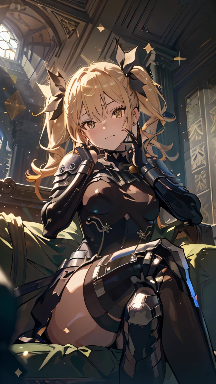 (head tilt), (stroking own chin),
sitcrossleg, (sitting, legs crossed:1.5), (sitting on sofa),looking down ,looking at viewer, (extreme close-up of thigh), (The view is from very close below:1.5),
evil grin, evil smile, half closed eyes, blush, drunken eyes,
(best quality), ((masterpiece)),(details),high resolution, incredibly absurdres, sharp focus,(highly detailed CG unity 8k wallpaper),(vibrant colors),(complete anatomy),
(((very shiny skin, glitter skin, exaggerated shiny skin, illuminated skin))), betterhand, (five fingers), forehead,
1girl, Kikoru_Shinomiya, twintails, hair between eyes, bangs, blonde hair, hair ribbon, black ribbon, (Oblong face), Slender, Athletic, sanpaku,
jitome,
black bodysuit, shoulder armor, gauntlets, boots,
(Royal palace), vast hall, indoors, (ruins), aglitter, intricately lined columns, a huge throne with rich decorations, gorgeous, staircase, marble floor, crimson carpet, white stone ceiling,
(dark, rich background with subtle textures:1.2),(dramatic baroque lighting, chiaroscuro style:1.3),
(strong contrast of light and shadow highlighting :1.3), (lens for soft bokeh:1.3), (shallow depth of field focused on the :1.3),
(high resolution for fine detail:1.3),