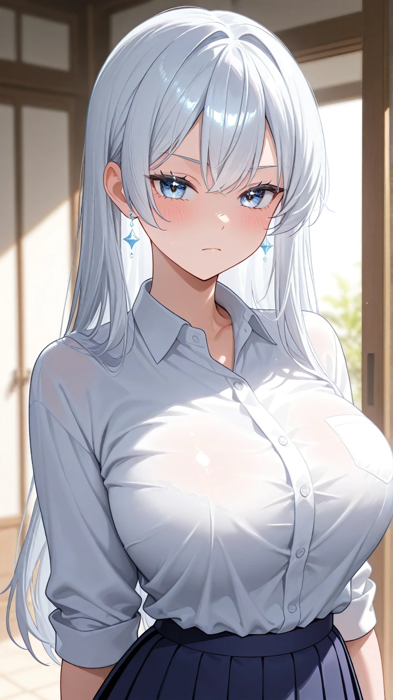 ((obra maestra)), ((mejor calidad)), (ultra detallado), ((extremadamente detallado)), 4k, (8K), mejor calidad, (Hermoso), estilo animado, mirar hacia arriba desde abajo, bar, noche, a pretty girl, 1 chica, solo, traje, Hermoso rainbow hair, Hermoso blue eyes, ((Hermoso eyes)), De piel blanca, pendientes, collar, sonrisa