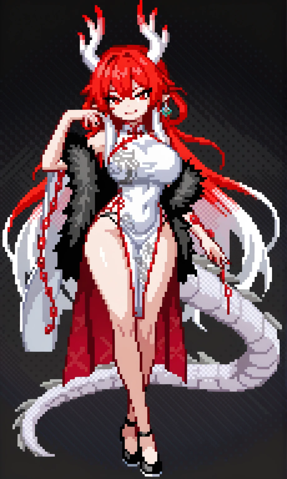 ((nsfw)), ((Nude)) "A naked redheaded woman, very long hair falling to butt height, full breasts and nipple piercings. She has red fox ears, with the inside of the ears in light pink, and a red fox tail with a light pink tip. Only his left arm is completely tattooed. She has fair white skin and a slim body with blue eyes..