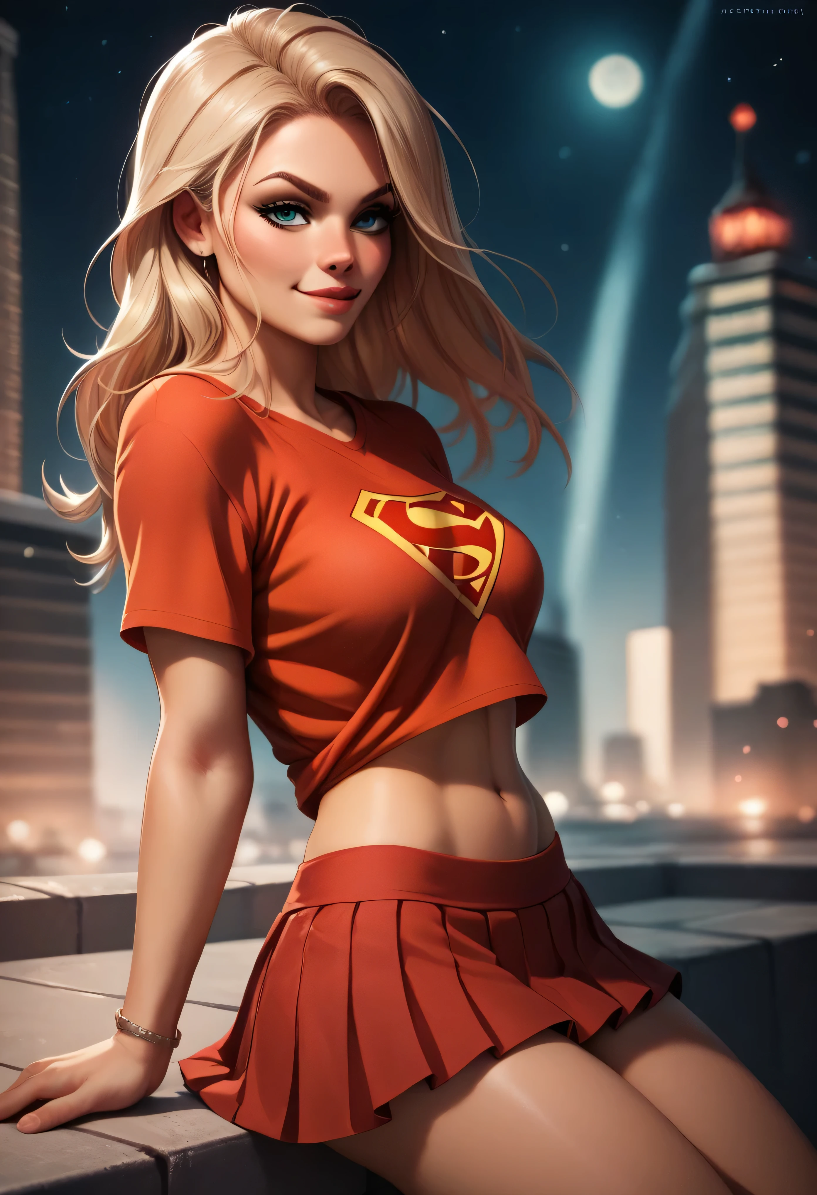 Supergirl kneeling on a dark city rooftop at night, pulling up her blue "S" T-shirt to reveal bare breasts, red skirt fluttering open from the wind. Intense eye contact with a playful smirk.