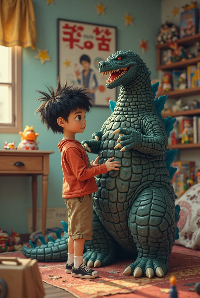 A little boy stares longingly outside his bedroom window, outside the window, Godzilla is beckoning the boy to come outside and play. The boy's eyes are filled with curiosity and excitement as he gazes at the mighty creature. The room is dimly lit, with a hint of sunlight streaming through the curtains, creating a warm and cozy atmosphere. The boy's face is illuminated by the gentle glow, showcasing his innocent expression and rosy cheeks. His messy hair suggests that he has been anxiously waiting for this moment. The windowpane is decorated with raindrops, hinting at the stormy weather outside. The details of Godzilla's massive body, muscular limbs, and his fierce yet friendly expression are clearly visible, adding a touch of awe-inspiring power to the scene. The color palette is vibrant, with a mix of bold greens and blues, contrasting against the peaceful hues of the boy's room. The overall lighting of the scene is balanced, with a soft radiance enveloping both the boy and the colossal figure outside. The scene is a perfect blend of fantasy and reality, capturing the boy's imagination and his desire for adventure. The boy's longing to step out of his room and join Godzilla in their playful escapades is palpable, creating an atmosphere of anticipation and wonder. The prompt embodies the best quality, allowing for ultra-detailed and photorealistic execution, resulting in a masterpiece of art with vivid colors, sharp focus, and physically-based rendering techniques.
