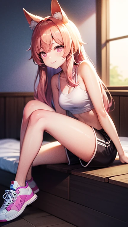 masterpiece, best quality, highres, aanana, long hair, twintails,1girl.solo,bedroom,(see-through camisole:1.2), cleavage, side-tie panties,(special occasion thong panties:1.3), wariza,armpits,
