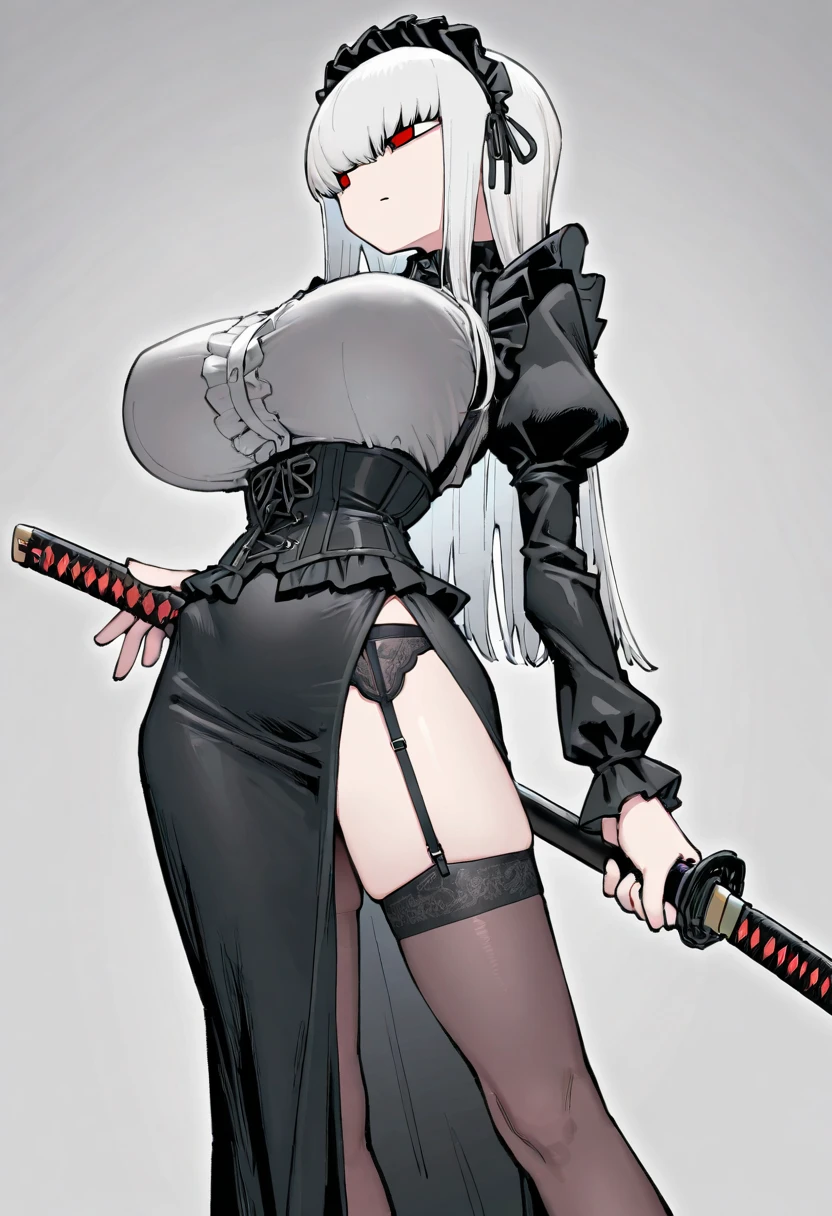 (((character design))), ((UHD, High details, masterpiece)), (mature woman, butcher), (fancy appearance, simple clothing:1.2), blonde pixie with a long ponytail, ((black suit, large black leather apron, red high heels wielding a meat cleaver)), (standing tall in with a stern smile), (((white background)))