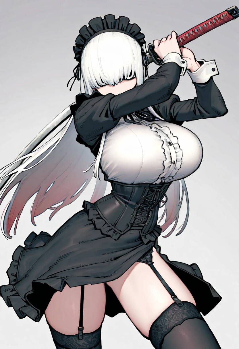 yorha no. 2 type b, 1girl, wlop, full body,(blindfold), breasts, cleavage, cleavage cutout, clothing cutout, green background, hair between eyes, hairband, highres, juliet sleeves, long sleeves, nier (series), nier automata,  puffy sleeves, red lips,red-dark dress shaded face, short hair, solo, turtleneck, white hair, sky