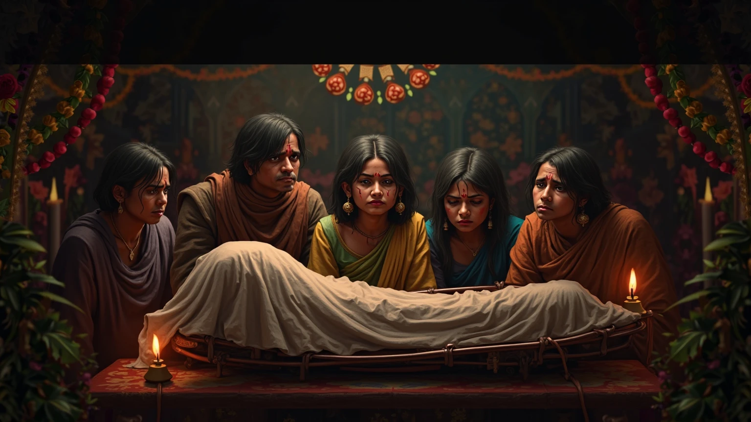 Poor and helpless Devaki and Vasudev sitting with the newborn Krishna in the dark of the prison in light of only one candel