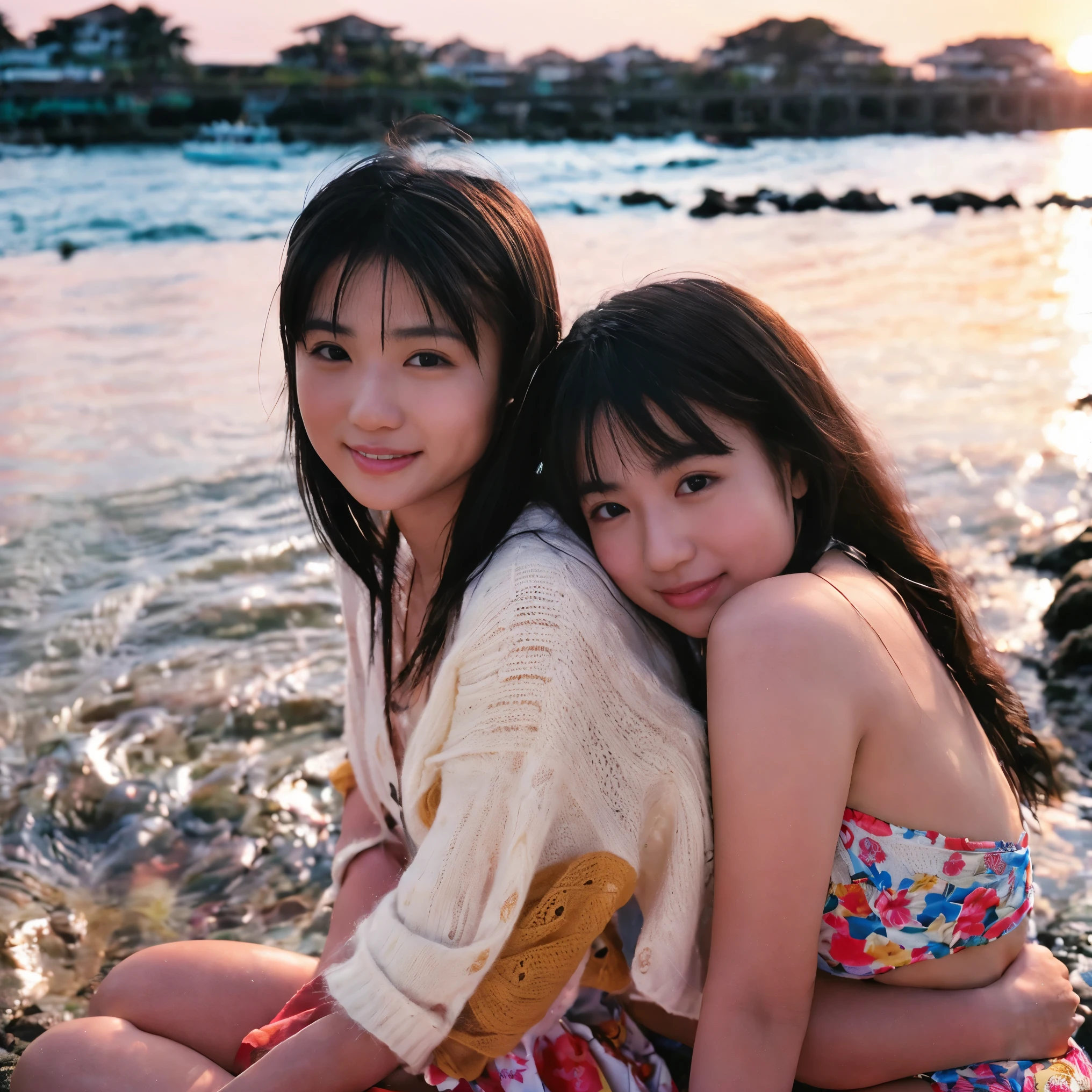 gorgeous 19 y.o. girl,gorgeous girl, score_9,score_8_up,score_7_up,source_anime,masterpiece,best quality, ((black hair)),make up, opened eyes, black eyes,full clothing,a woman with her son,((woman hugging son,1 kid,)),duo,realistic skin,realistic,???,at the beach,wearing beach clothes