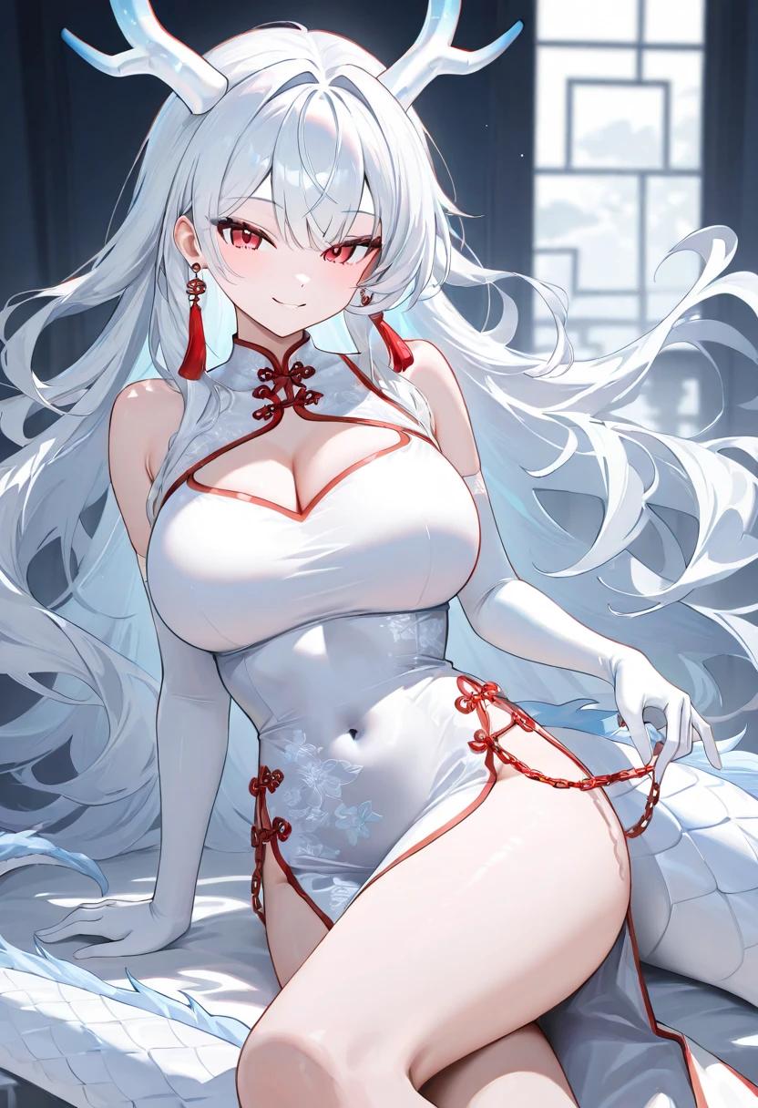masterpiece, best quality, finely detailed, high resolution, maximalist, by artgerm, 8k anime artwork, 8k photo, trending on artstation. A 20-year-old, beautiful chubby girl, adorned with strong pink makeup, wears a striking white and red long and closed qipao. Her silver-blue eyes, brilliantly detailed, sparkle with a sensual yet slightly evil smile. Her lips, too, are delicately rendered, enhancing the overall seductive appeal. Her very long, silver hair cascades down, forming a long white ponytail, accessorized with a light and transparent veil that oozes charm