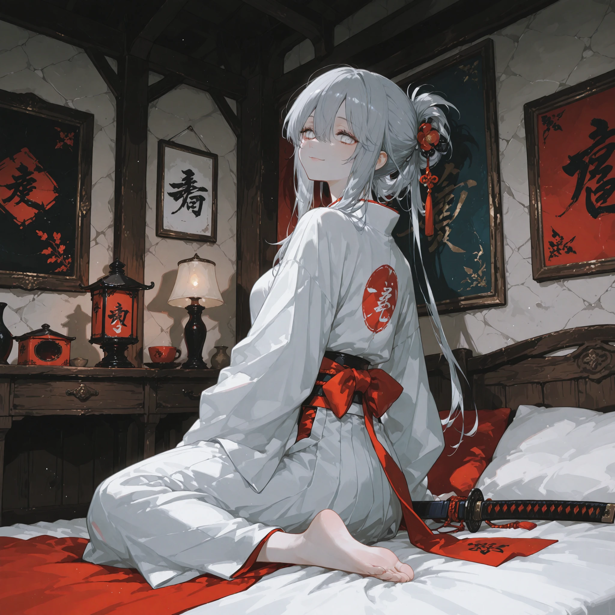 Anime-style image of a woman in a white dress kneeling on a rug, Gwaiz on pixiv artstation, Gwaiz on artstation pixiv, White-haired God, Gwaiz, Anime girl crouching, Beautiful anime girl crouching, artwork in the style of Gwaiz, Zerochan Art, Anime Art Wallpaper 8kWatercolor painting without outlines, delicate watercolor painting that seems about to crumble. Yoshiwara, red-light district, courtesan, tattoos, slender, 16 years old, watercolor painting, vibrant saturation, omitting outlines, numerous tattoos, full back tattoo, thigh tattoos, sad expression, unfortunate, red eyes, lowered gaze, plump cheeks, innocent, girl, Japanese, 170 centimeters tall, 25 kilograms in weight, fair skin.Wooden Architecture: Brothel buildings were constructed using wood and incorporated traditional Japanese architectural styles. Roofs were commonly covered with tiles, and they featured the traditional roof shapes of Japan.  Grand Entrances: The entrances of these buildings were elaborately decorated, often adorned with lavish embellishments. Lanterns and banners were used to attract attention to the establishment.  Lattice Doors and Shoji Screens: Windows and doors were fitted with lattice doors and shoji screens, making it difficult to see inside from outside. This design ensured privacy and discretion.  Interior design: The interiors of the buildings were opulently adorned. The individual rooms for clients were partitioned with tatami-covered floors and shoji screens, featuring a characteristic Japanese-style decor.  Gardens: Some brothels included small gardens where clients and courtesans could enjoy peaceful moments together.  Signs and Curtains: Signs and curtains with the brothel's name and business information were hung outside the building. These helped passersby and customers identify the establishment.  Please note that the historical context and cultural practices surrounding brothels have evolved over time, and the translation provided is based on the provided information.Blood puddle - Horror - Tatami mat soaked in blood stains - Night - Sorrowful