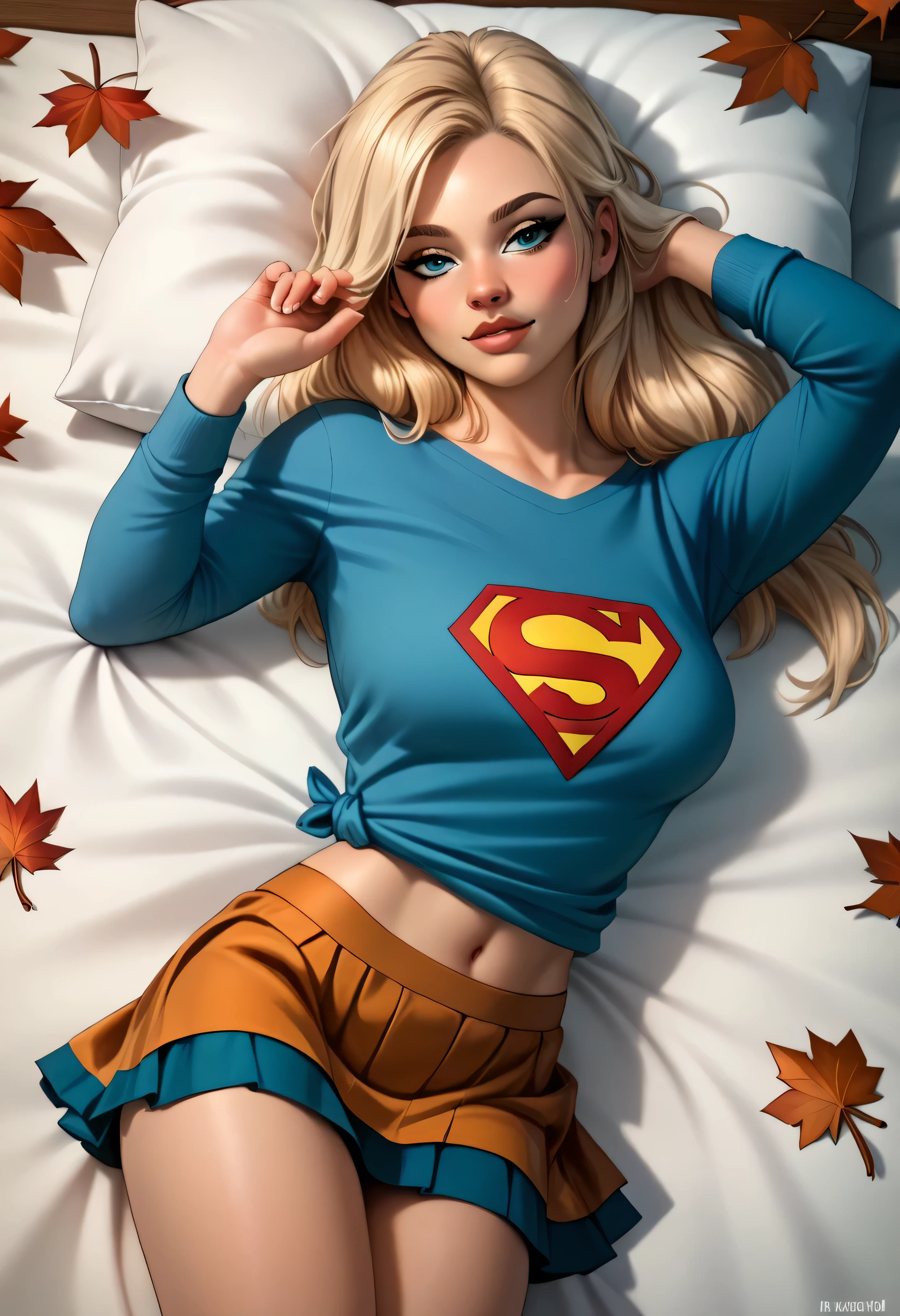Supergirl asleep, 22 years old, realistic, is in long pants, is in pink pajamas, blonde hair.