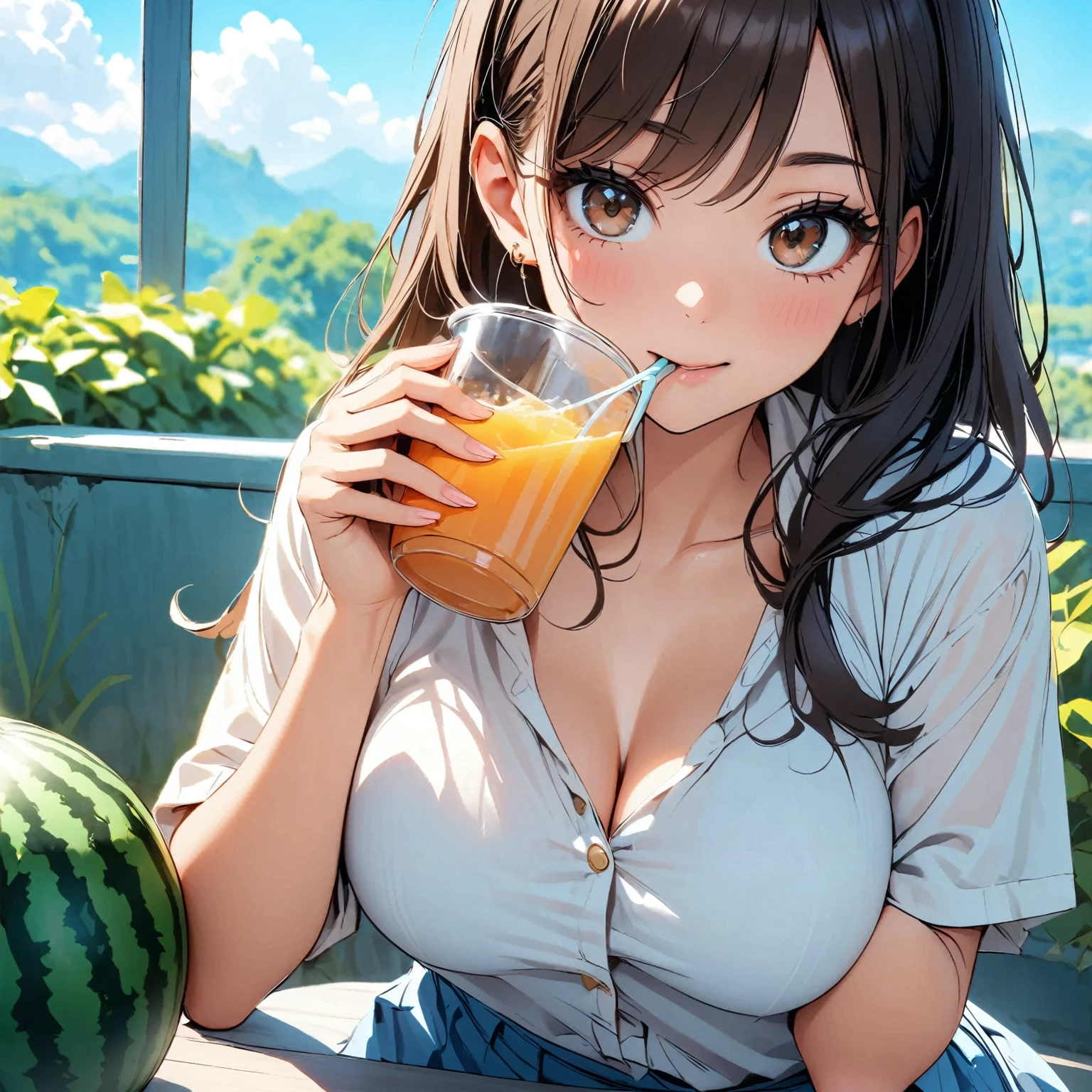 High resolution, high quality, One girl, Anime Girls,Brown long hair, Brown eyes, Green glasses,heart shaped pupils,Sunburned skin, Large Breasts,beautiful breasts,pointy breasts,(Big Ass),beautiful ass,Embarrassed,Tank top,jeans,lower body,sweat,wet,sitting,(open legs),Wisteria flower,at cafe,(lemon juice),(orange juice),(Pineapple juice),(Mango juice),(water),