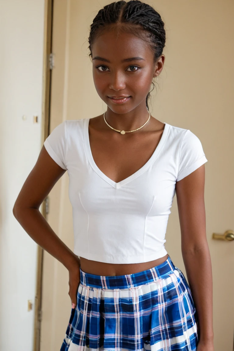 8k, RAW photo, best quality, ultra high resolution, (photorealistic), realistic photo of skinny ebony , (skinny ebony girl, 20 years old ebony girl, slim face, black hair, two ponytails hair), in the park at night, trees, fountain, moonlight, bright moon light, (full body picture), posing for picture, sexy pose, wearing pink panties, (pink panties), wearing white short sleeve shirt, (white shirt), necklace, bracelet, earrings, looking at viewer, smiling, (extremely detailed CG unity 8k wallpaper), Sharp focus, (bright light)