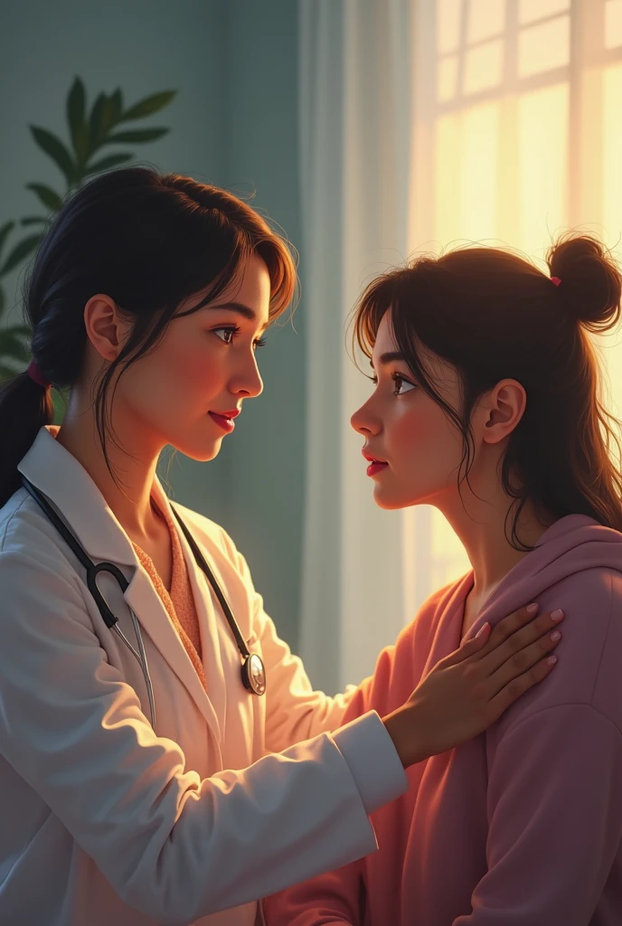 poor woman hugging a beautiful doctor