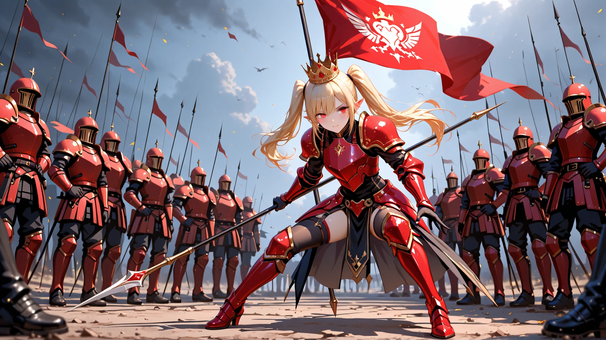 ung woman、 red eyes、Blonde、twin tails、pointed ears、Queen、crown、Inspire、Full Body、Battlefield Scenery 、Raising the Flag、soldiers wearing red armor、masterpiece、top quality:2.0、
