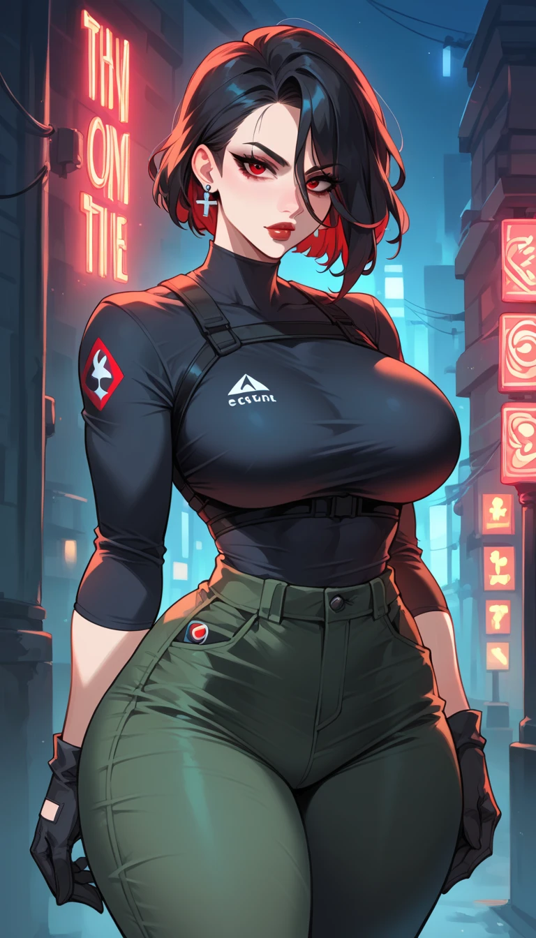 brown and gray sniper girl wearing brown militray suit,Huge Breasts,ruins,red glasses,Thick smoke,cleavage,Lipstick,pant,ponytail hairstyle
