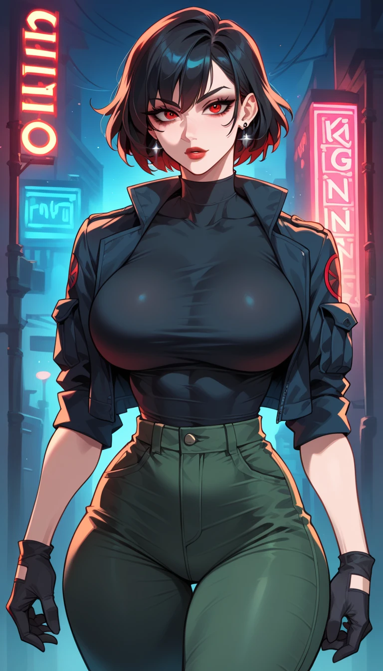 (high-level image quality), (high quality), (high resolution), (detailed), (masterpiece), beautiful woman, ((caucasian)), green eyes, red hair, short hair, dark red lipstick, busty, slender body, Detailed eyes, perfect eyes, Detailed face, portrait, streets at night, black leather jacket, black top, leather pants, lexus lfa car