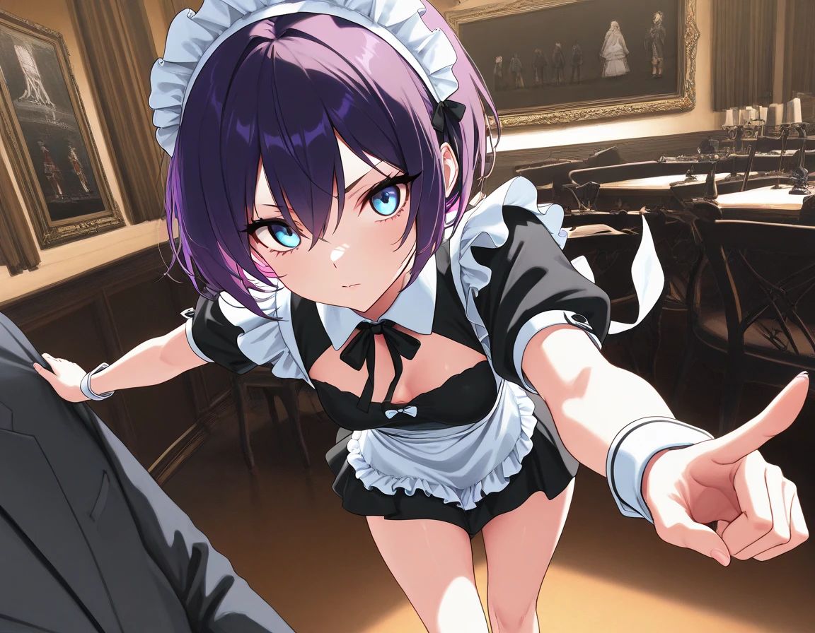 1 girl , short purple hair, cute eyes, wearing maid uniform , black and white maid uniform, normal size chest , high res, ultrasharp, 8K, masterpiece, looking at viewer