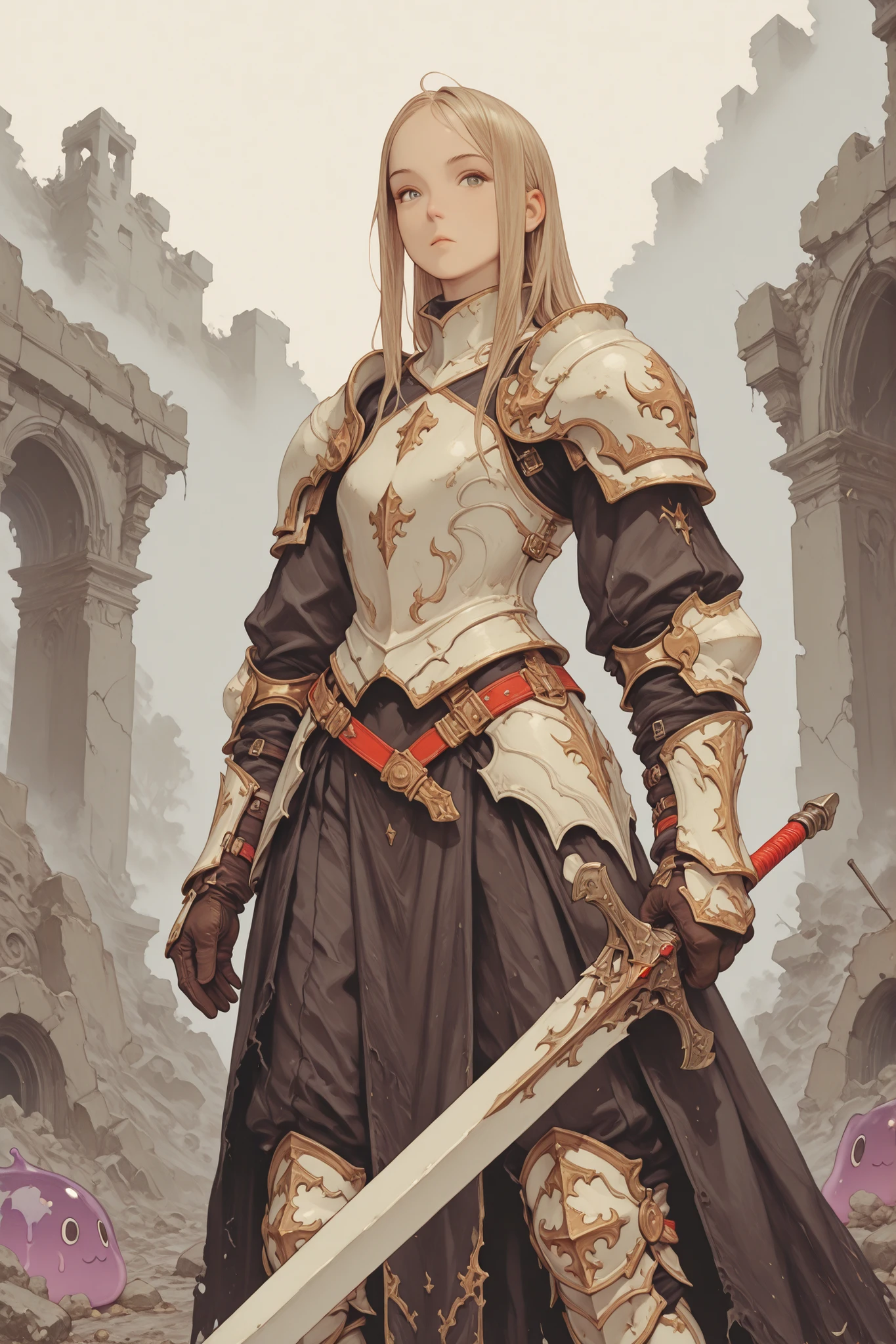 solo,looking at viewer, I'm sticking my sword to the ground and putting my hands on top of each other on the handle、From front,jnglruins,soul knight,Painstaking Attention To Details,bad anatomy,detailxl,fft_style,1 girl, white armor, sword, Decayed ruins、cat slime