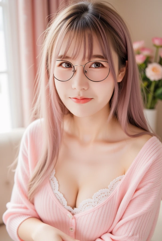 Gorgeus Girl, Beautiful, Baby Face, 20 Years Old, White Skin, Colossal Breasts, Nude, Nipples, Bokeh, Modern Place Background, Masterpiece, Fullbody Shot, Straight Pink Hair, Pink-Blue Pastel Coloured, Glasses