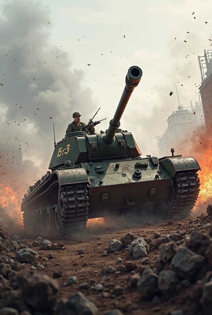 War tank and the background all destroyed