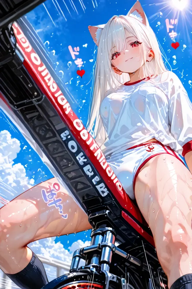 (Magazine Cover:1.7),nsfw,from below:1.3,Focus on the groin、((masterpiece, highest quality:1.3)),cowboy shot,20 year old beauty,solo,((very small head)),((long body)),pink hair,long hair,pink eyes,bangs,white headphone,medium breasts,slender body,skinny,shiny skin,oily skin,sweat,wet,shy、drooling,Love juice、standing,Blue and white striped bikini、bra、navel、panties、egg type vibrator,beach、Ocean、sunny、