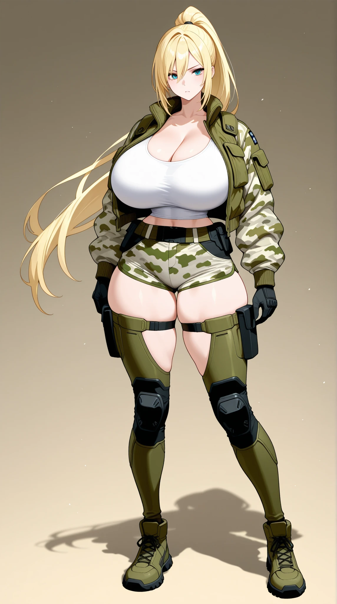 A woman，Long blond hair，Put on a military cap，Wearing a black bikini，Long legs，Nipple protrusion，Twenties，exposed，Black high heels，Huge breasts，超级Huge breasts，Standing