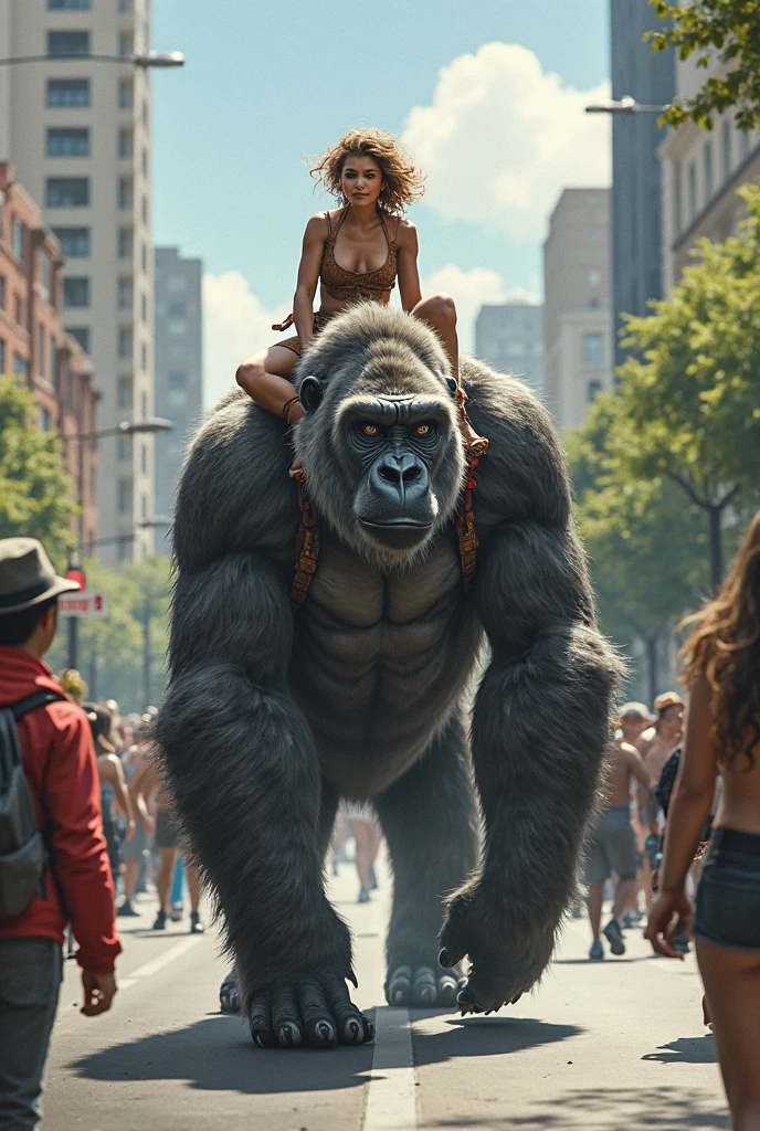 beautiful woman walking with a king kong,up put on his shoulder