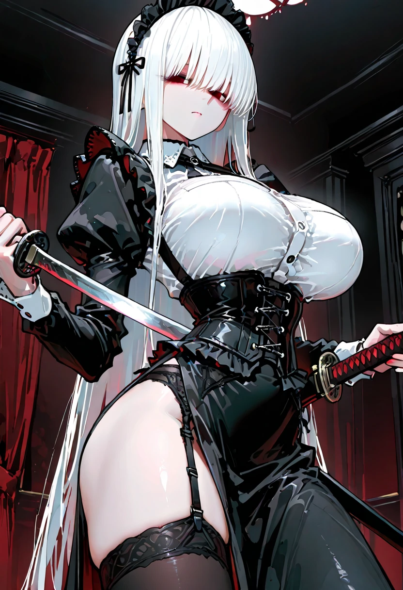 ((masterpiece)), ((best quality)), ((grotesque and splatter)), beautiful girl, curvy, tall, belly button, big breasts, femdom, slaughter, bloody white dress, Blood on the body, Bloody, Blood on the belly button, Blood on the belly, Blood on the breasts, tall, bloody knife, bloody sword, bloody belly, war, fight, kill, Behead, shot from below, POV from fallen enemies, sensual, Blood on the breasts, smile, spattered by much blood, having a big bloody sword, reflecting blood on the whole body, looking down on me, massaging breasts, getting excited sexially, kill everyone, blood splatter, cruel, background with battlefield, cut off head of man, holding a severed head