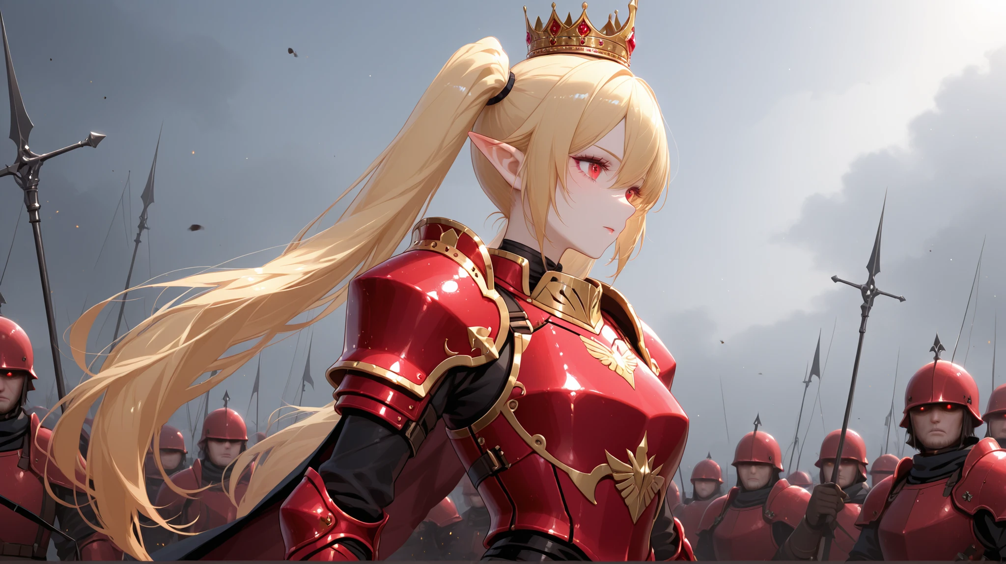 score:9、ung woman、 red eyes、Blonde、twin tails、pointed ears、Queen、crown、Inspire、Battlefield Scenery 、soldiers wearing red armor、masterpiece、top quality:2.0、From the side、