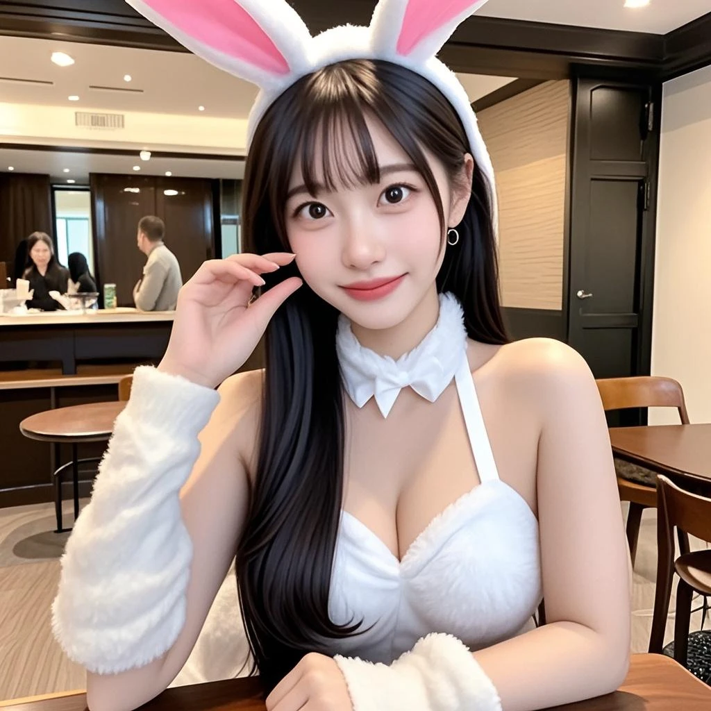 masutepiece, Best Quality, Illustration, Ultra-detailed, finely detail, hight resolution, 8K Wallpaper, Perfect dynamic composition, Beautiful detailed eyes, Natural Lip, Big breasts:1.3, Random sexy poses,Raw photo,kawaii,ssmile、(Wearing a bunny costume:1.4)、Black costume、A sexy