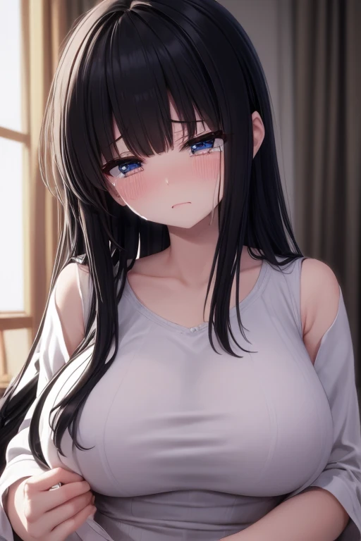 a short sexy woman wearing purple t shirt and black tracks, pinned against the wall, eyes closed, lips parted, blushing intensely, ready to kiss