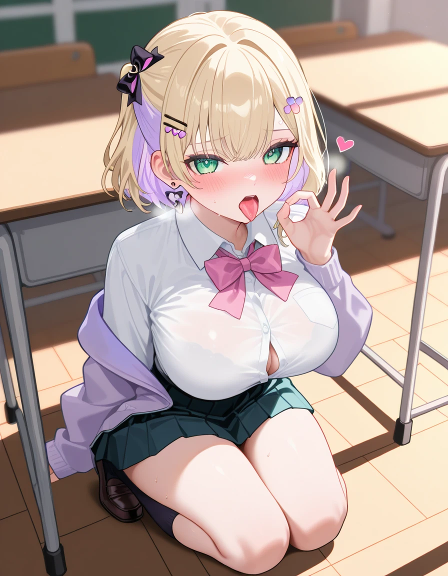 Highest quality,masterpiece, Highest Resolution, 1 girl,nsfw, full naked, kneeling, indoor, classroom, (huge breasts:1.5), lift up my breasts,pink nipple, smile, close up, horse ears, horse tail