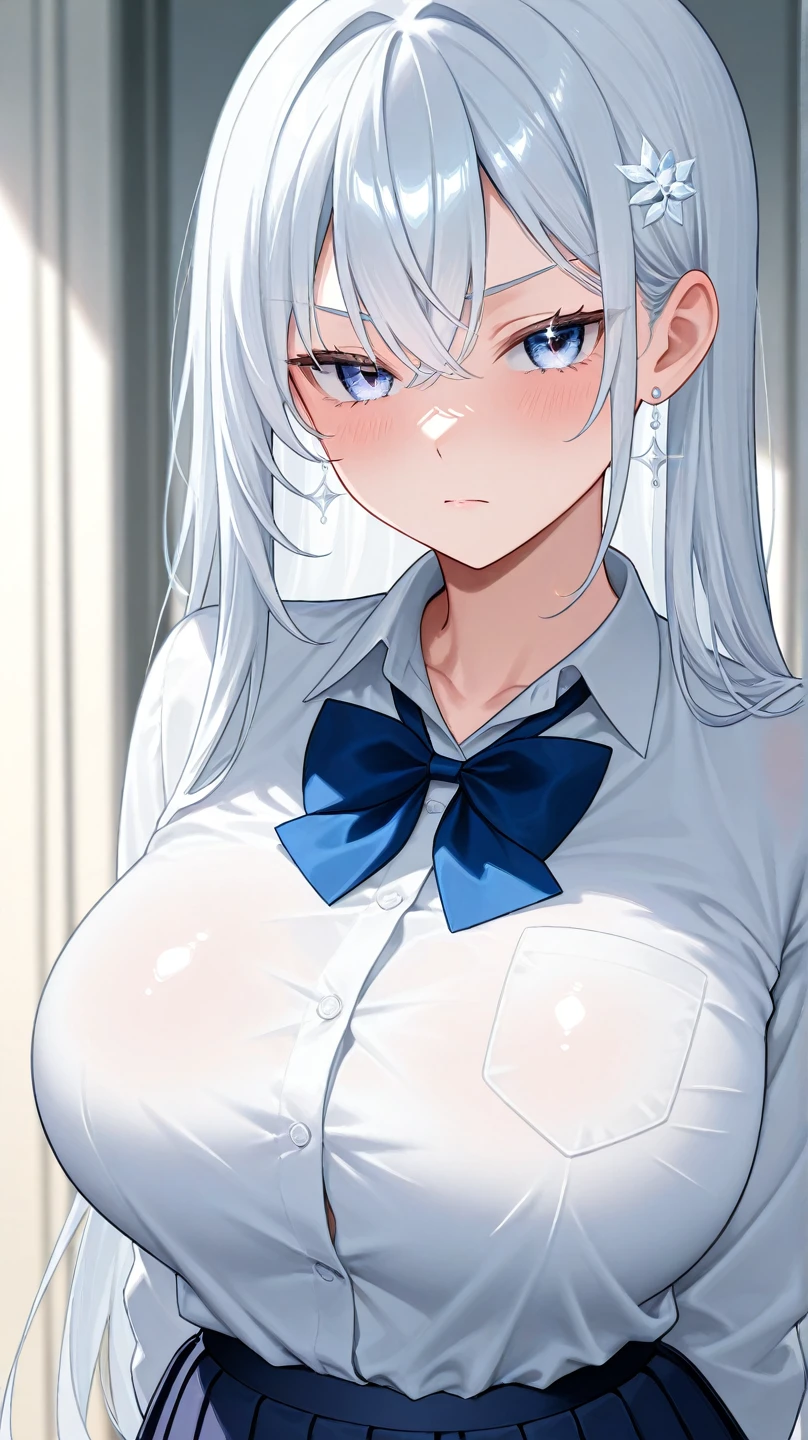 School uniform, ahegao, blush, wet, white Stripe blue striped panties, see through, nipple, sad, toddler