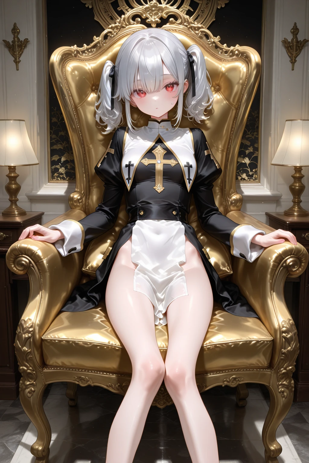nsfw, masterpiece, extra limbs,1 vampire, ,silver extremely long hair,silver pubic hair, slant eyes blank red eyes, flat chest small nipples small areolas,athlete skinny pale white skin body,sullen,spread legs, sitthing,church,(clothed babydoll)