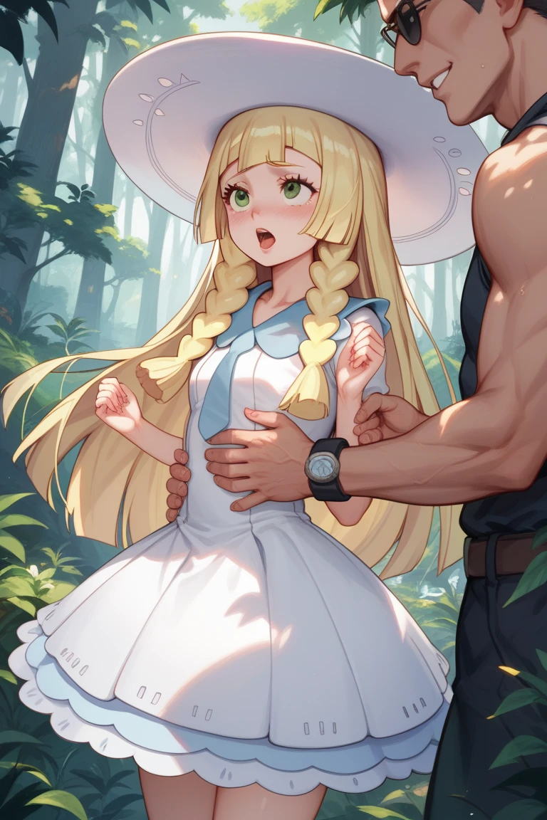 sex vaginal, anime style, medium breasts, small ass, lillie (pokemon), green eyes, blonde hair, anime art style, spooning, smile, blushing, garden, standing, sex, doggystyle, hands on wall